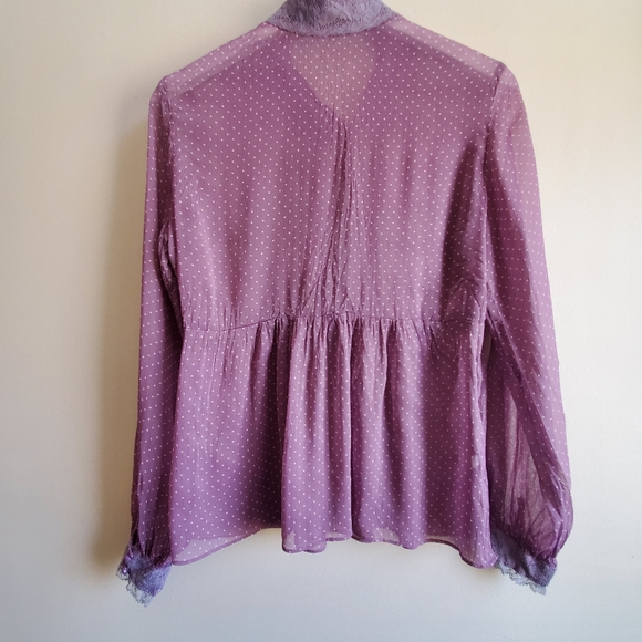 Vintage purple blouse with lace, long sleeve, Semi Sheer, Medium Size - Picture 8 of 9